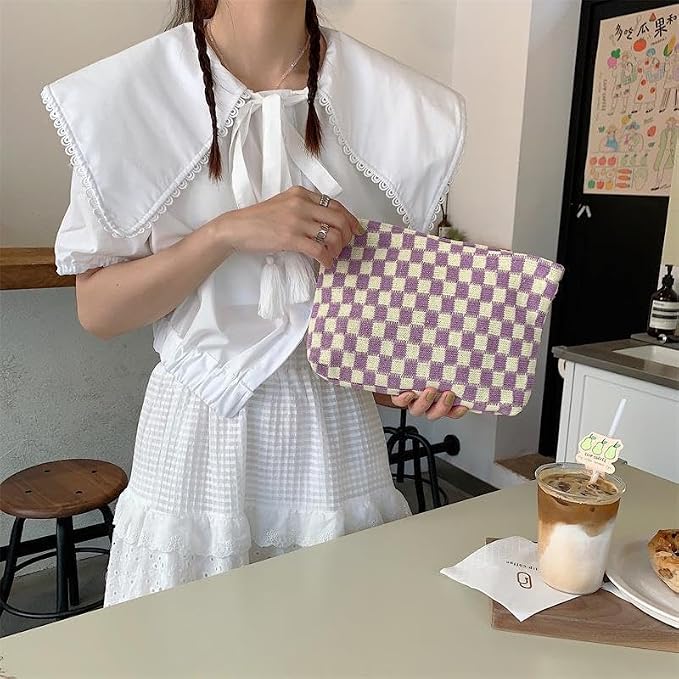 PAZIMIIK Checkered Makeup Bag for Purse, Small Flat Cosmetic Pouch,Purple | Cute Zipper Makeup Organizer for Women, Travel Essentials, Toiletries, Makeup Brushes, Beauty Accessories&Bridesmaid Gifts - Image 7