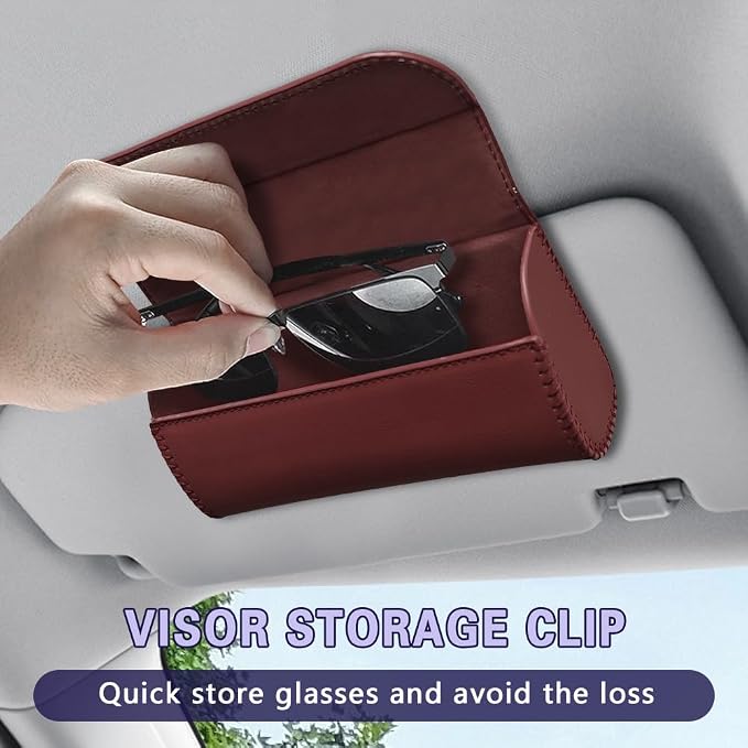 Sunglasses Holder for Car Sun Visor, Sunglass Organizer for Car, Magnetic Leather Eyeglasses Protective Storage Case, Waterproof Glasses Organizer Visor Accessories for Vehicles (Wine Red) - Image 3