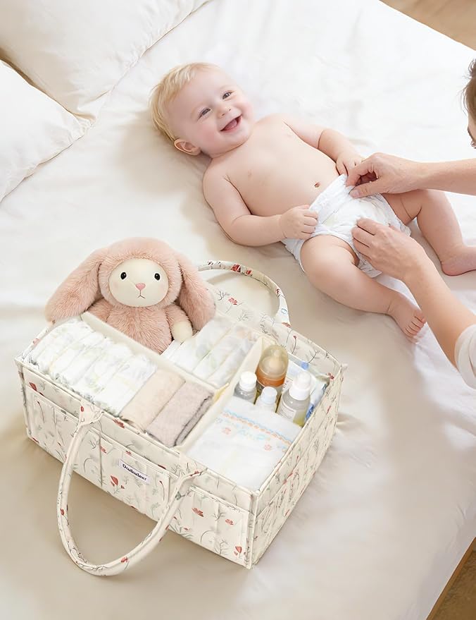 Quilted Floral Diaper Caddy Organizer, Nursery Storage Basket with Dividers | Waterproof Caddy with Sturdy Handles, Portable for Changing Table or Car, Newborn Essentials, Baby Shower Gifts - Image 9