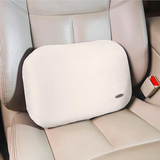 Beige Lumbar Support Pillow for Car Recliner Soft Lower Back Waist Cushion | Driving Seat Latex Relax Home Sofa Office Accessories Chair Cushion Back Pain Relief Small Automotive Thin Memory Foam Suede - Image 2