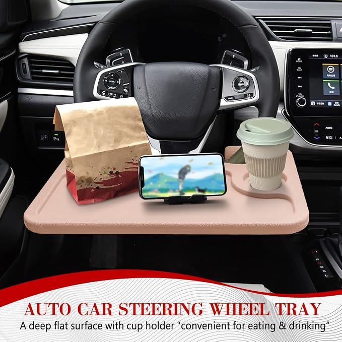 2 in 1 Car Steering Wheel Desk, Car Tray, Car Steering Wheel Desk Tray & Auto Seat Gap Filler Organizer, Multipurpose Travel Auto Steering Wheel Under Table Console for Most Vehicles (Beige) - Image 3