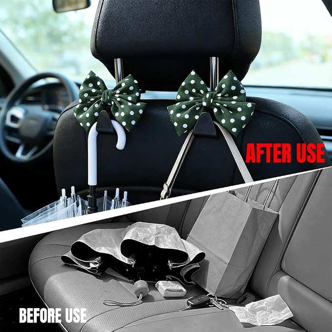 2PCS Car Seat Headrest Hooks, Car Purse Hook, Cute Bow Knot Vehicle Seatback Hanging Storage Organizer, Auto Seatback Decor Organizer Hanger for SUV Truck (Green/Polka Dot) - Image 4