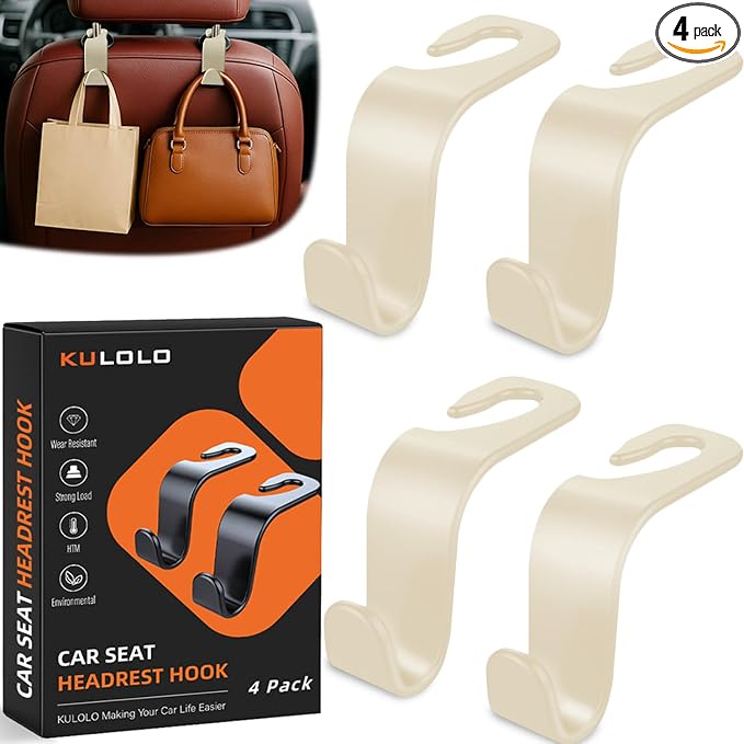 4-Pack Car Seat Hooks - 55 lb Each, Fits 0.32-0.55 in Headrest Rods | Purse holders; PP construction; tool-free setup; 360° swivel; beige; for groceries, backpacks, gym bags, and baby gear by Unknown