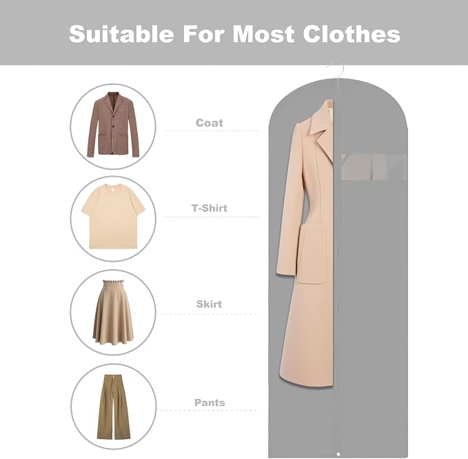 Dress Bags for Gowns Long, 65'' Garment Bags for Hanging Clothes, Suit Bag Cover for Storage and Travel, 2 Pack (Grey) - Image 3