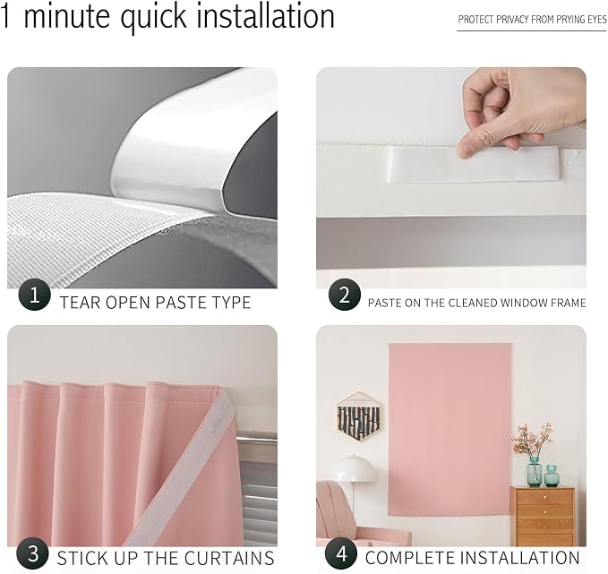 Self Adhesive Blackout Curtains- Stick on Curtains Shades Window Blinds Curtain No Rod Needed Easy to Hang Curtain, Use for Bedroom, Living Room, 59" W X 96" L, Pink, 2 Panels - Image 3