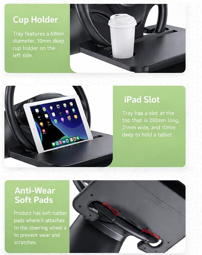 2-in-1 Steering Wheel Tray & Seat Gap Organizer | Portable Steering Wheel Desk with Cup Holder & Pad Slot, Car Food Desk for Laptop, Working, Eating, Multipurpose Accessories - Image 9