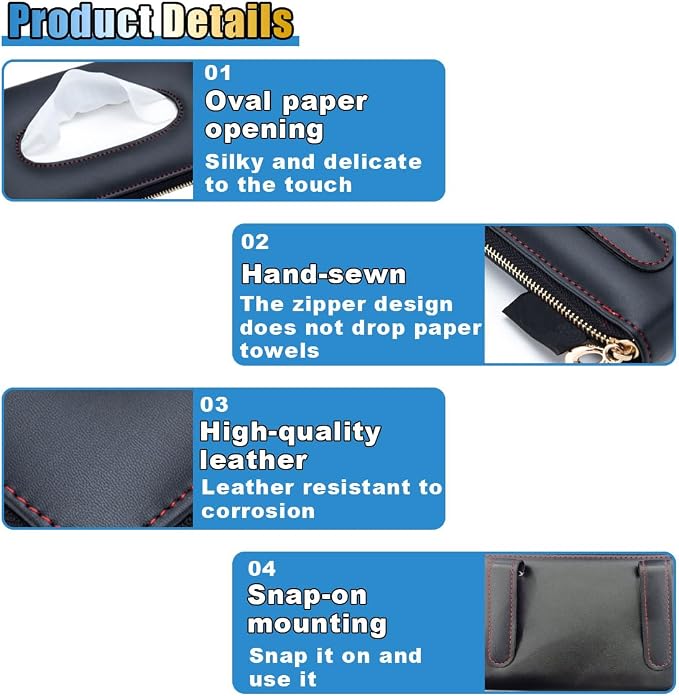 Car Tissue Holder, Sun Visor Box, Backseat Paper Carton, Leather Napkin Case, Universal Hanging Towel Clip for SUV, RV, Truck (Black) - Image 3