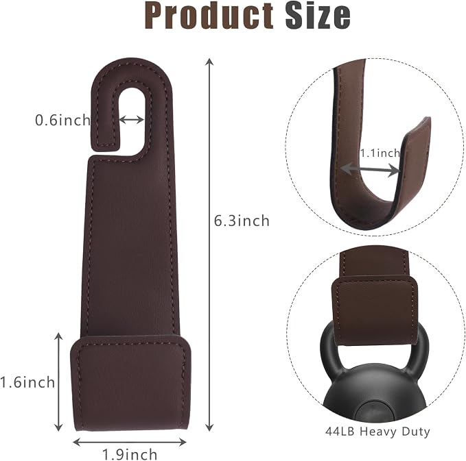 2-Pack Car Headrest Hooks, 1.1-Inch Wide Purse Hangers, Brown | Microfiber leather hooks with built-in metal cores keep purses, groceries and backpacks organized and within reach - Image 6