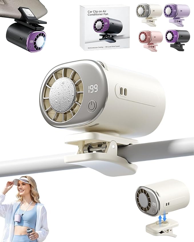 2026 Car Clip on Air Conditioner Fan with LED Display Portable Mini Cooling System 360° Rotation Adjustable 200 Speeds Rechargeable Handheld Gadget 16℃ Semi Wide Clamp for Vehicle Shirt Waist(White) by Unknown