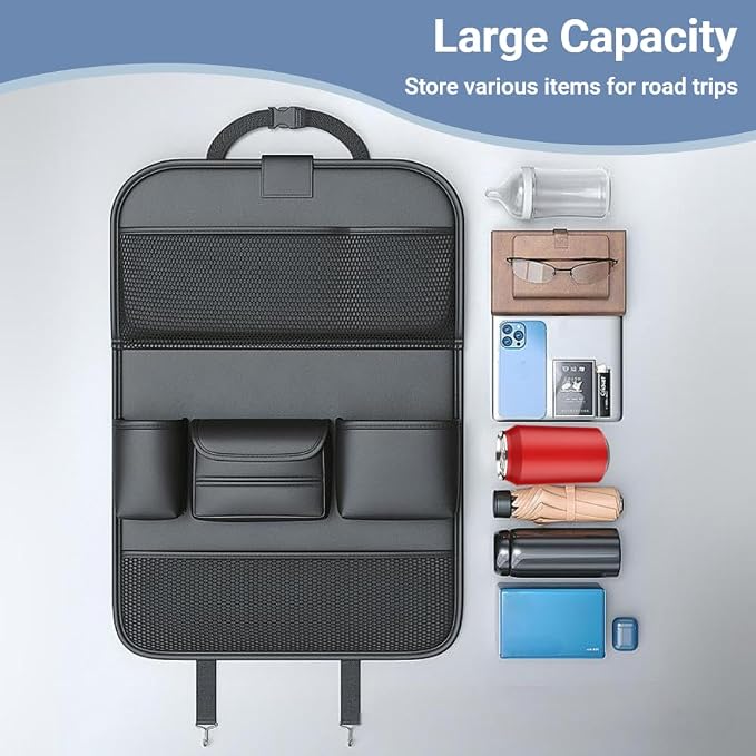 2 Pack Leather Car Backseat Organizer with Foldable Table Tray, Car Seat Back Protector Kick Mats with Tablet Holder, Travel Accessories Storage Organizer - Image 8