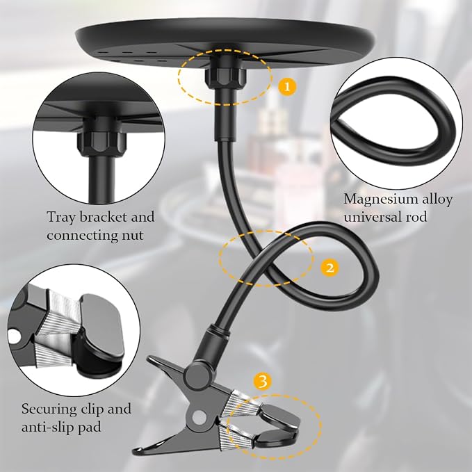 Zpana Car Adjustable Food Tray, 360° Non-Slip Swivel Vehicle Snacks & Drinks Dining Table, 8.7 Inches Diameter Automotive Clip Type Storage Tray, Universal for SUV, Truck, RV - Image 3