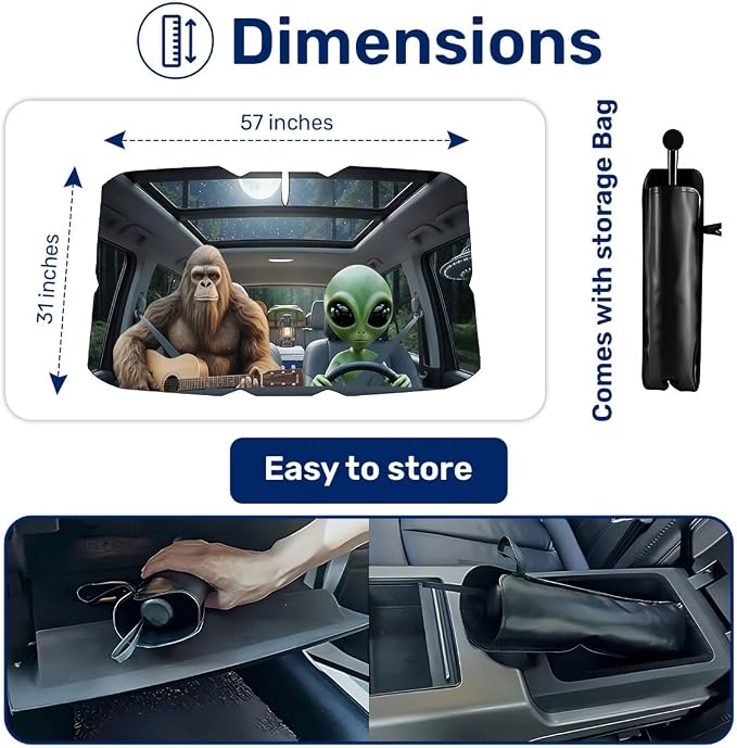 GENANY Forest Creature Windshield Sun Shade Umbrella 57 x 31 Inch | A foldable build with a flexible handle packs neatly into the included storage pouch - Image 2