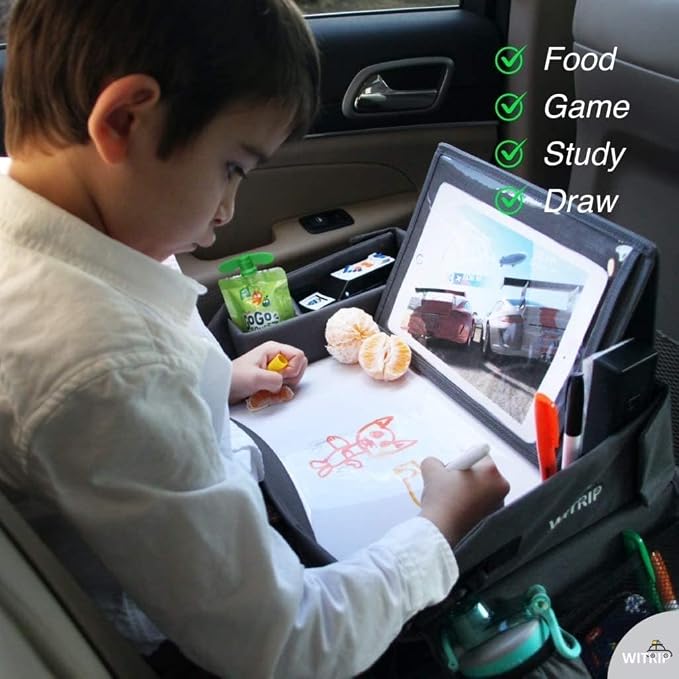 Kids Travel Tray with Dry Erase Board - Car Seat Tray for Kids Travel, Carseat Table Top for Toddler, Lap Desk for Car Seat, Activity Organizer & Snack Holder, Road Trip Essentials for Kid (Pink) - Image 9
