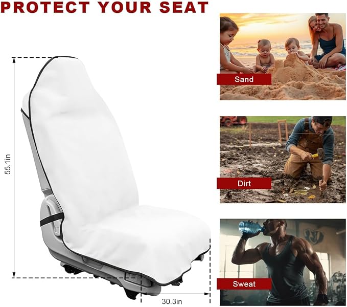 2PCS Car Towel Seat Cover, Waterproof Non-Slip Front Seat Protector for Post Gym Workout Beach Hiking, Sweatproof Washable Bucket Seat Protective Cover for Car SUV Truck Sedan (White) - Image 2