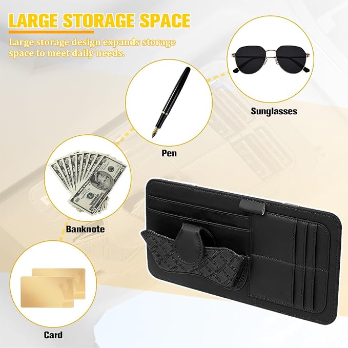 Car Sun Visor Organizer, Multifunctional Visor Storage Pouch with Sunglasses Holder & Card Sleeve Pocket, Auto Interior Organizer Pocket Bag for Pens Cards Documents, Universal Fit (Black) - Image 3