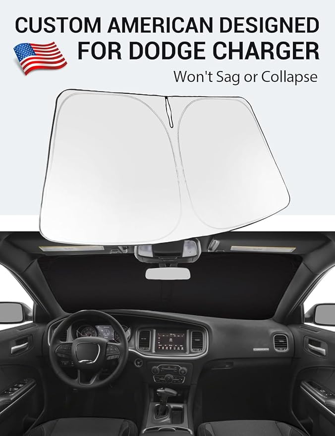 Proadsy Custom Fit Car Windshield Sun Shade for 2011-2023 Dodge Charger | 240T Heat Shield, Drops Temp 54°F, Blocks 99% UV, Prevents Dashboard Cracking, Summer Parking & Beach Trips, Easy Twist-Fold - Image 2