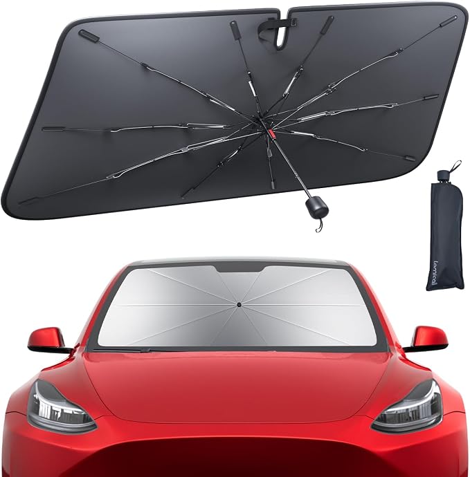Tesla Model 3/Y Foldable Windshield Sunshade Umbrella UV Block 10-Rib Frame | Foldable 10-Rib Umbrella, 5 Layers UV Block Coating, Window Heat Insulation Protect for 2017-2026 Tesla Model 3/Y Accessories by Lamicall