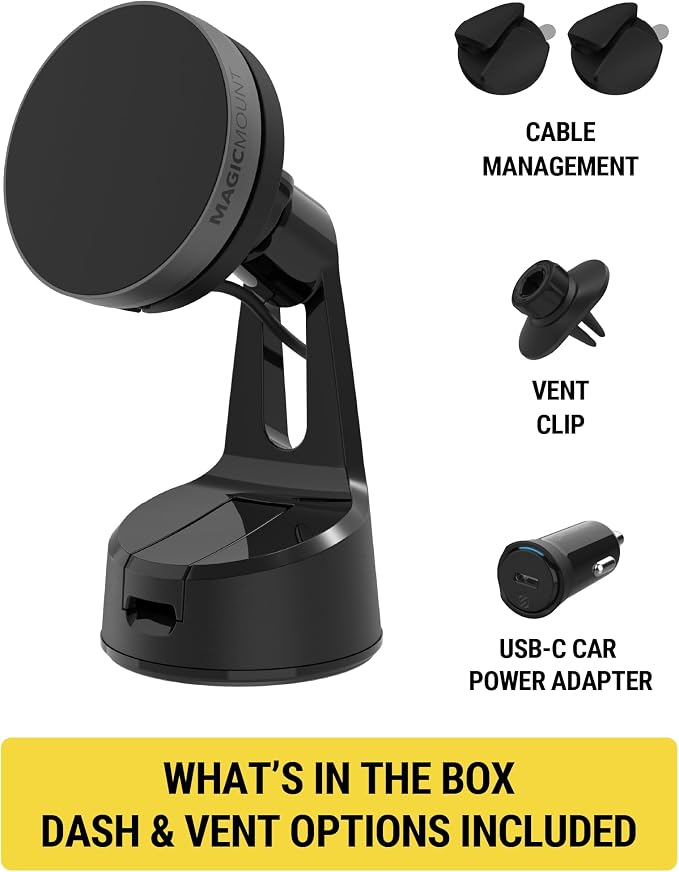 Scosche Qi2 Wireless MagSafe Car Mount Charger, 15W Magnetic Suction Cup Windshield/Dashboard Cell Phone Holder with Vent Clip & Fast USB-C Car Charger Compatible with Apple iPhone 16/15/14/13/12, S25 - Image 7