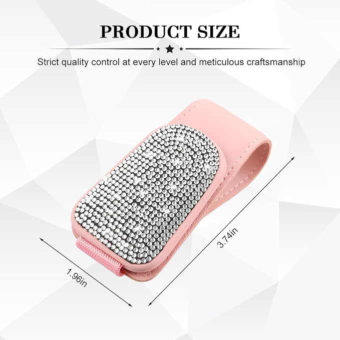 HZEL Bling Sunglass Holder for Car Sun Visor, Magnetic Leather Crystal Rhinestones Vehicle Eyeglasses Visor Clip, Diamond Automotive Glasses Hanger Mount, Universal for SUV RV Truck (Pink/White) - Image 2