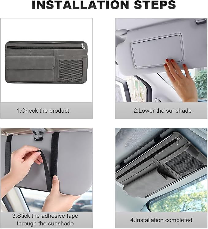 Car Sun Visor Organizer, Leather Sun Visor Pocket Organizer Case with Multi-Pocket Net Zipper, Suede Note Holder Car Visor Storage Pouch for Card Pen Sunglasses Document (Gray) - Image 6