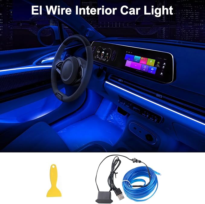 EL Wire Interior Car LED Lights, 16.5FT USB Ambient Lighting Strip, Blue | Neon Glowing Strobing Electroluminescent Wire, 6mm Sewing Edge, Inside Car Lighting Accessories - Image 2