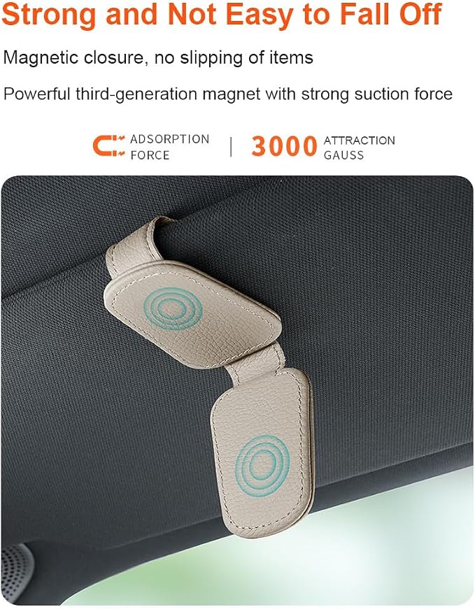 Sunglass Holder for Car, Magnetic Leather Sunglasses Clip for Car Visor, Eyeglass Hanger Clip for Car Sun Visor (Khaki 2 Pack) - Image 3