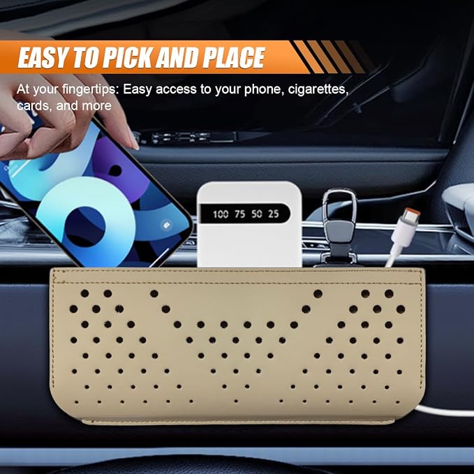 Car Seat Side Pocket Organizer, Multifunctional Mini Console Storage Bag for Phone, Keys, Sunglass, Wallet, PU Leather Tray Pouch Car Organizer Accessories for Seat, Door, Window, Console (Beige) - Image 4
