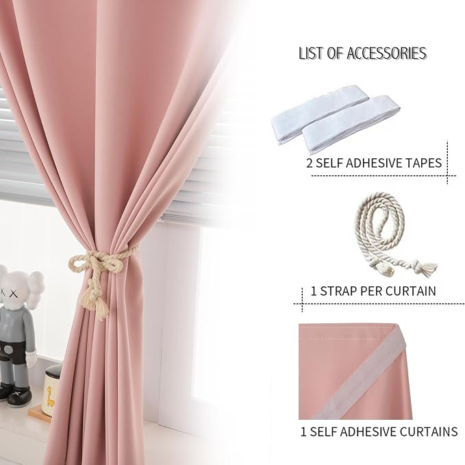 Self Adhesive Blackout Curtains- Stick on Curtains Shades Window Blinds Curtains No Rod Needed Easy to Hang Curtain, Use for Bedroom, Living Room,Roman Shades, 47" W X 59" L, Pink, 1 Panel - Image 2