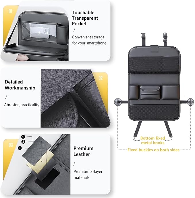 Tumecos Car Backseat Storage Bag with Foldable Table Tray,Large Capacity Seat Back Organizer,Car Kick Mat with Touch Screen Phone Holder,Multifunctional Backseat Protector Cover Pad (Style B) - Image 5
