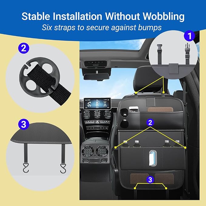 1 Pack Backseat Car Organizer, Large Capacity with Adjustable Foldable Table Tray, Waterproof PU Leather Back Seat Storage with Touch Screen Tablet Holder, Car Travel Essentials, Obsidian Black - Image 6