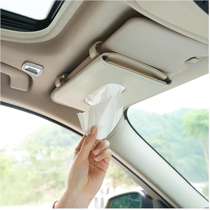 Carstuus Beige Car Tissue Holder for Sun Visor, Universal Fit All Vehicles | Hanging Tissue Box, Easy Refill, Includes Paper Napkins, Easy-Access, Universal Car Accessory for Men Women, Car Must Haves - Image 5