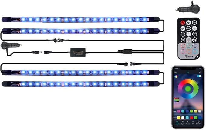 Xprite RGB LED Car Interior Bluetooth Light Strips w/Remote & Control Box, Silicone Sealed, Under Dash Footwell Lights Kit w/Cigarette Adapter for Vehicle Internal SUV Truck - 4 PCS by Xprite