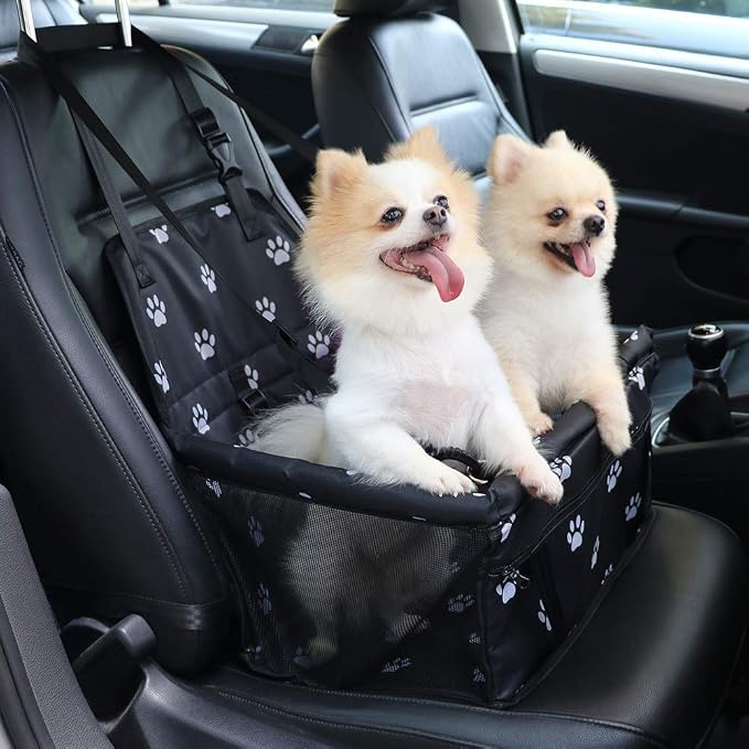 Petbobi Dog Car Seat for Small Dogs and Cats up to 15 lbs, Portable Booster | Black Paw Print, Water-resistant Oxford fabric, PVC Tubes, Folds Flat, Clip-on Leash Keeps Pups Secure and Drivers Focused - Image 2