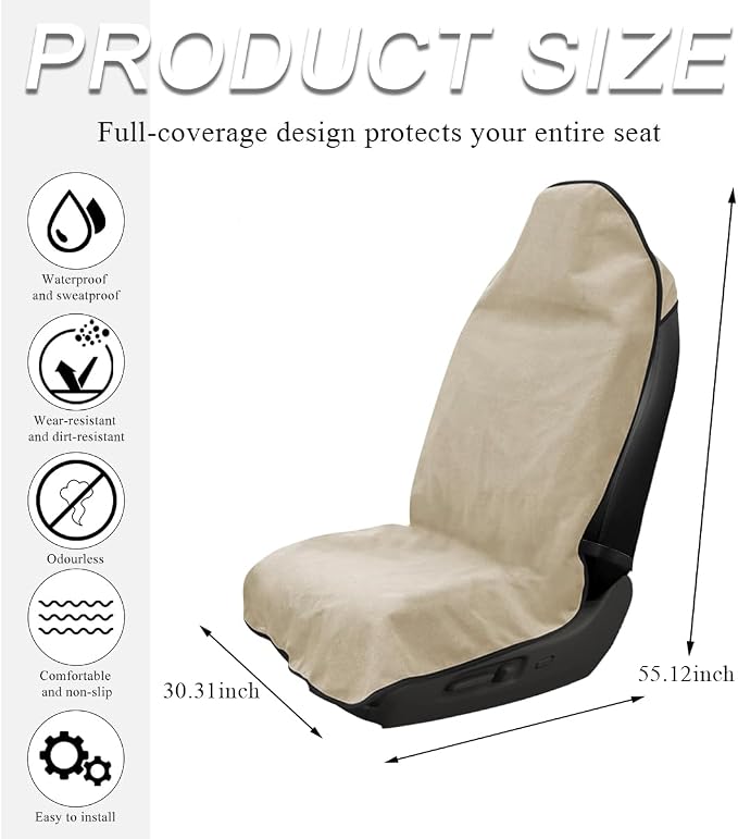DXNQ Waterproof Car Towel Seat Cover, Sweating Non-Slip Premium Towel Carseat Cover Protector, Universal Soft Machine Washable Car Truck SUV Front Seat Cover for Gym Workout Beach Hiking (Beige) - Image 2