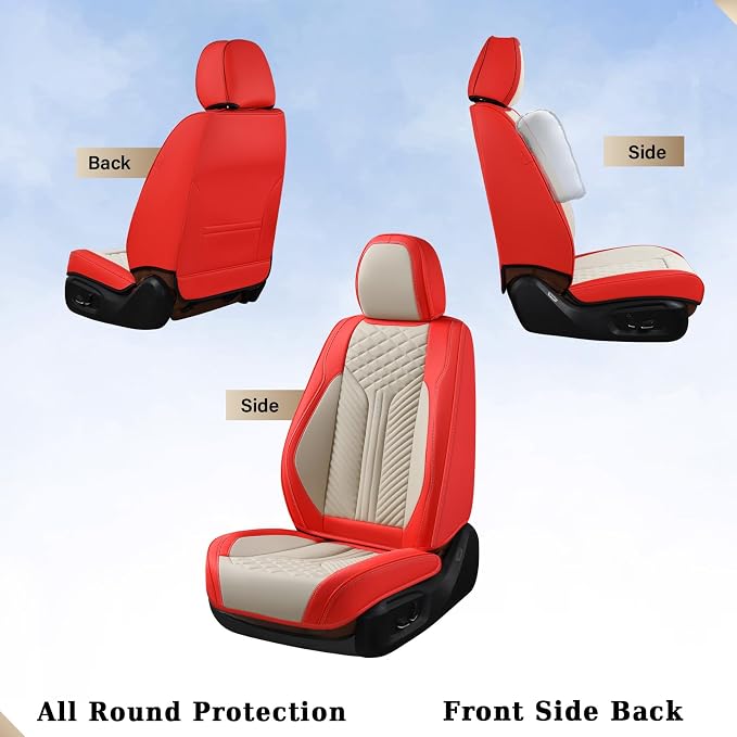 Coverado Leather Car Seat Covers Full Set, 5 Seats Seat Covers for Cars, Waterproof Car Seat Cushions, Front and Rear Seat Protectors Universal Fit Most Vehicles (Red&Beige) - Image 2