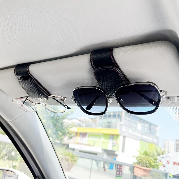 2Pcs Sunglass Holder for Car, Magnetic Leather Eyeglass Hanger Clip for Car Sun Visor, Sunglasses Holder and Ticket Card Clip for Car Visor Accessories (Carbon Fibre Black) - Image 3