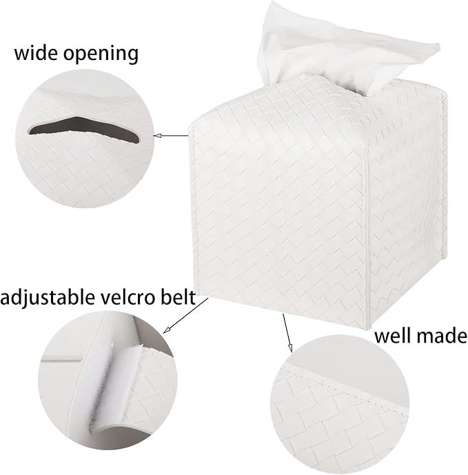 Tissue Box Cover Square Leather Facial Paper Holder, White | PU Leather, Easy to Fill, Easy Clean, Decorative Tissue Box Holder for Office, Bathroom, Kitchen, Living room, Guest room - Image 5