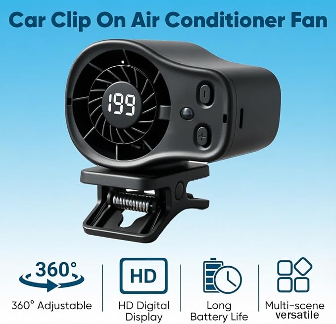 Car Clip on Air Conditioner Fan with LED Display, 199 Speeds & Semi-Cooling Technology, Hands-Free Clip on Air Conditioner Fan for Car, Mini Cooling System for Auto Vehicle, 360° Rotation - Image 4