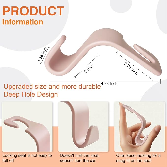 4-Pack Car Seat Hooks - 55 lb Each, Fits 0.32-0.55 in Headrest Rods | Purse holders; PP construction; tool-free setup; 360° swivel; pink; for groceries, backpacks, gym bags, and baby gear - Image 2