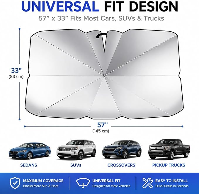 2026 Upgraded Car Umbrella Sun Shade Cover with StorageDock Organizer, Windshield Shade Umbrella, 360° Flexible Shaft, UV Protection Heat Shield, Foldable Front Window Sunshade, 57" x 33" - Image 3