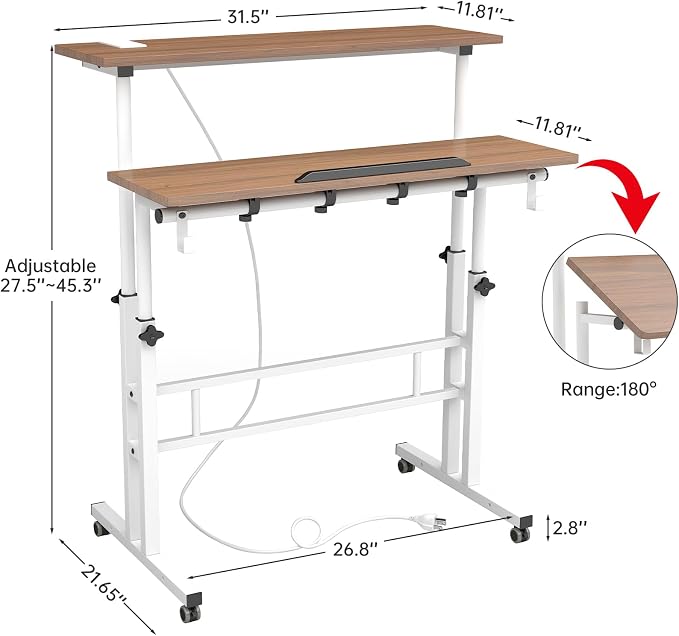 SIDUCAL Mobile Stand Up Desk with USB Ports and Outlets, Adjustable Laptop Desk on Wheels, Home Office Workstation, Rolling Laptop Cart for Standing or Sitting, 31.5" x 23.6" Vintage Oak - Image 2