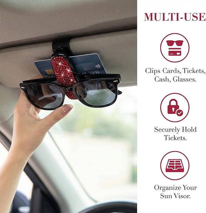 HZEL 2PCS Bling Sunglasses Holder for Car Visor, Crystal Rhinestone Sun Visor Eyeglasses and Ticket Card Mount Clip, Shiny Diamond Auto Glasses Hanger Holder, Universal for Vehicles (White) - Image 3