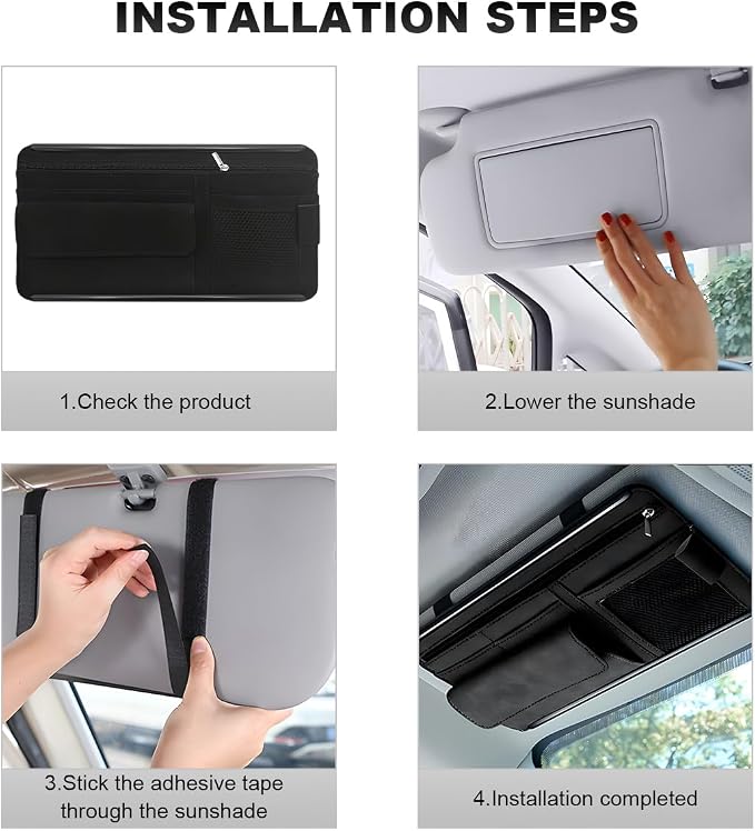 Car Sun Visor Organizer, Leather Sun Visor Pocket Organizer Case with Multi-Pocket Net Zipper, Suede Note Holder Car Visor Storage Pouch for Card Pen Sunglasses Document (Black) - Image 6