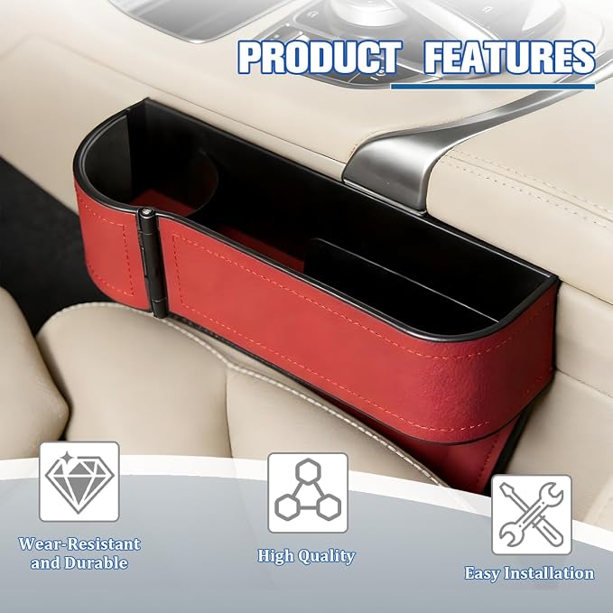 Car Seat Gap Filler Organizer with Cup Holder Expander, Leather Console Seam Filler Storage Box, Auto Front Seat Gap Organizer for Phones Keys Glasses, Universal Fit (Wine Red Driver) - Image 4