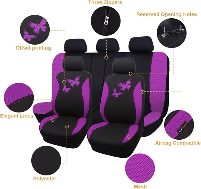 Flying Banner Butterfly car seat Covers ful Set Fashion Universal Lady Woman Female Rear Bench Split Colorized (Full Set, Purple) - Image 2