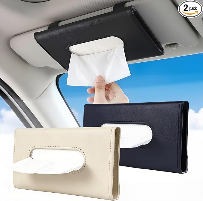 2Pack Car Tissue Holder, Sun Visor Napkin Box BlackBeige | Premium PU Leather, Auto Napkin Case, Mask Holder for Car, with Tissue Refill, Vehicle Interior Accessories by Unknown