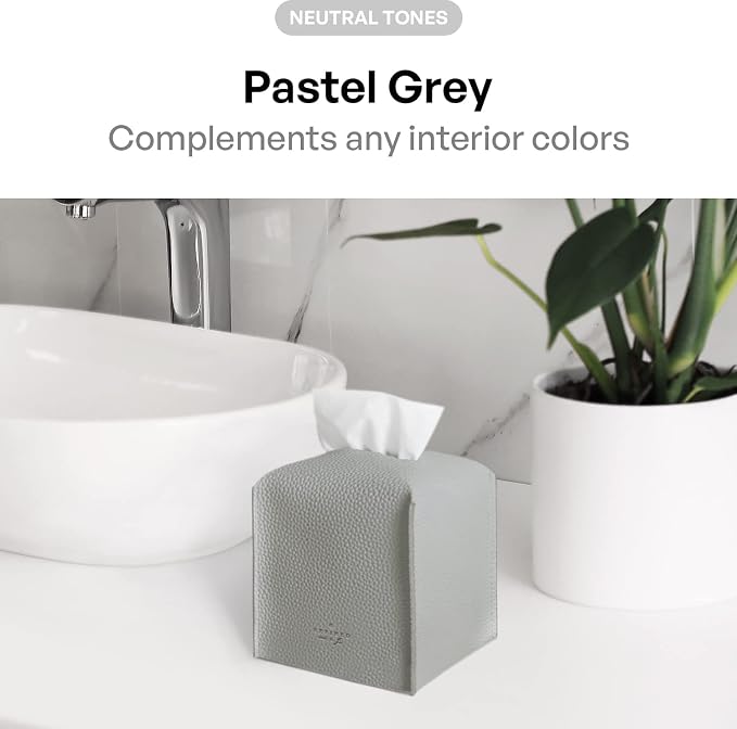 Carrotez Tissue Box Cover, [Refined] Modern PU Leather Square Tissue Box Holder - Decorative Organizer for Bathroom Vanity Countertop, Night Stands, Office Desk & Car 5"X5"X5" - Pastel Grey - Image 3
