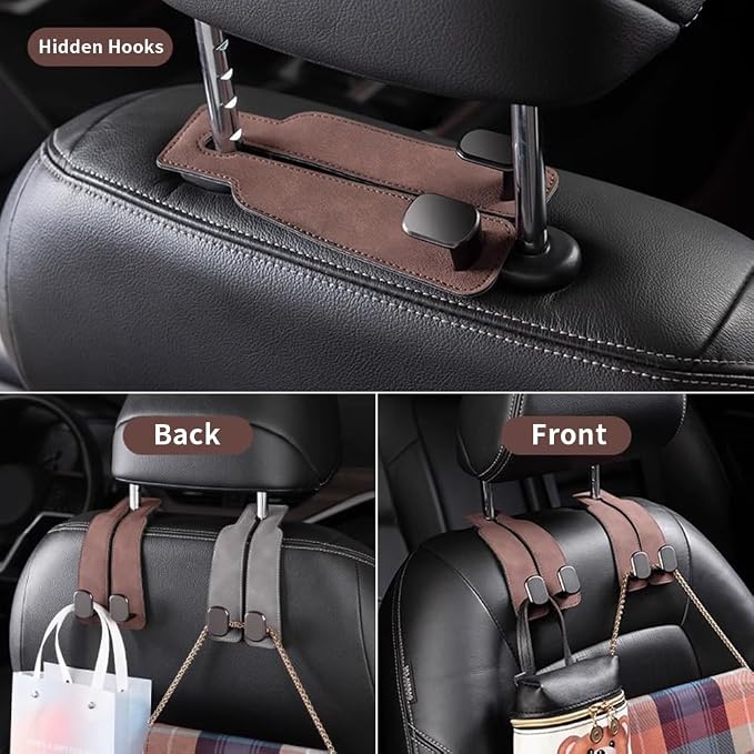 KINIVA Car Seat Headrest Storage Hooks, Set of 2, Suede PU Leather, Double Hooks (Brown-4 Pack) - Image 2