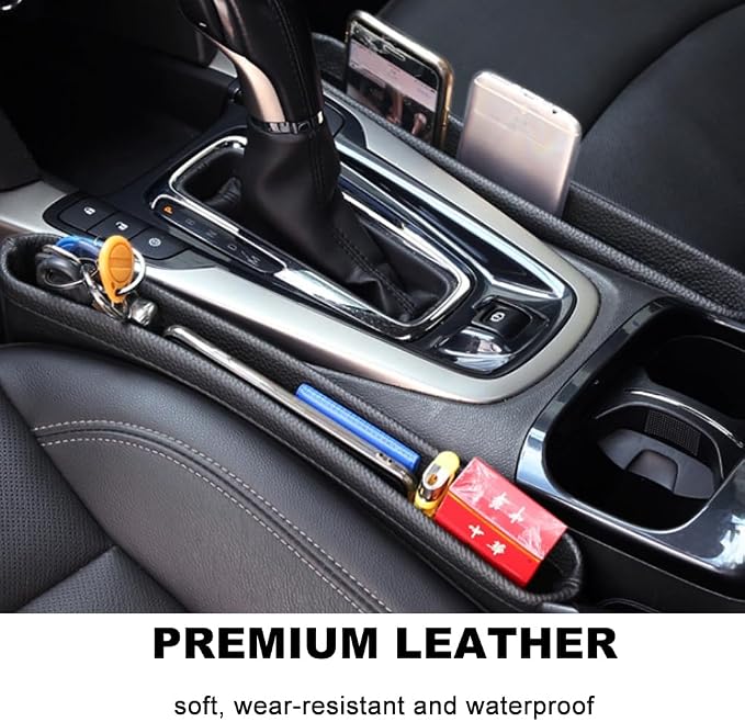Tumecos Car Seat Pockets PU Leather Car Console Side Organizer Seat Catcher Holders Compatible with Phone Key Wallet Phone Sunglasses 2 Pack (Black) - Image 6