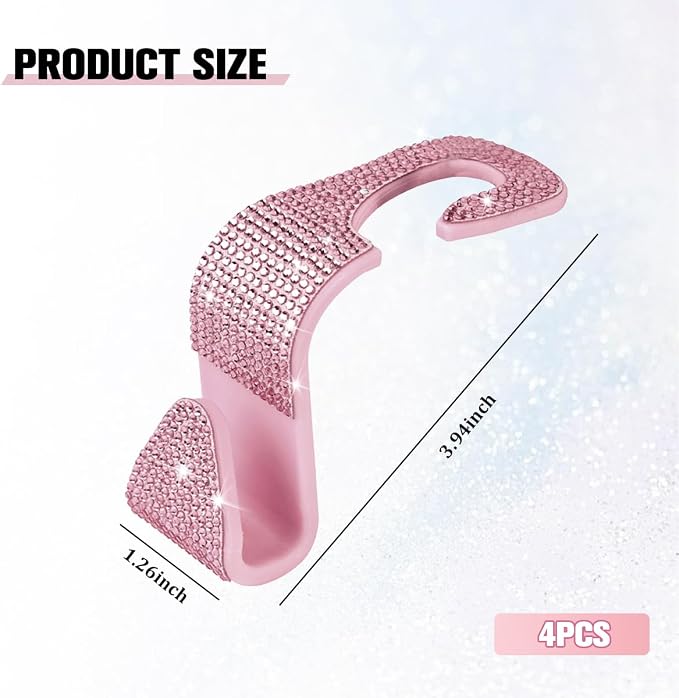 4PCS Bling Car Seat Headrest Hook, Crystal Rhinestone Backseat Hanger Organizer for Purse Handbag Umbrella, Shiny Auto Interior Seat Back Storage Holder Hook, Universal Fit (Pink2) - Image 2